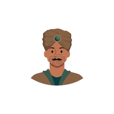 A man with a stylized mustache is portrayed wearing a traditional turban adorned with a jewel, rendered in a vector illustration.