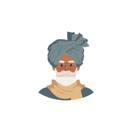 Traditioneller Turban. Vector Nahaufnahme Porträt eines älteren Mannes mit Turban auf dem Kopf. Ein kultureller Kopfschmuck, der asiatische oder orientalische Mode hervorhebt.