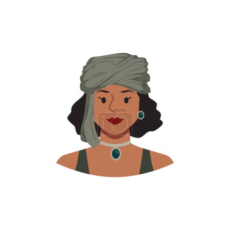 Vector illustration in cartoon style with a girl with black curly hair in a traditional turban, reflecting traditional headdresses of African and modern fashion, on a white background