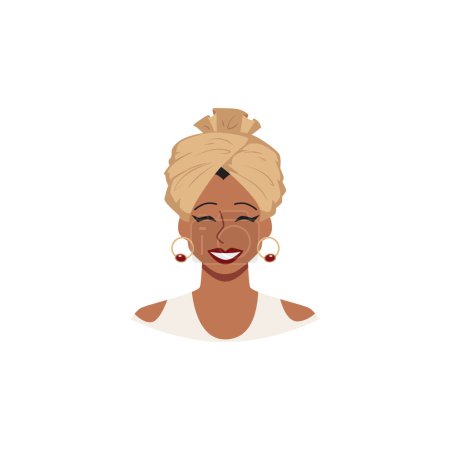 Arabic, African or Asian woman in turban traditional headdress. Cartoon beautiful laughs lady avatar with scarf wrap her head, ethnic accessory. Eastern Muslim fashion hat turban vector flat portrait