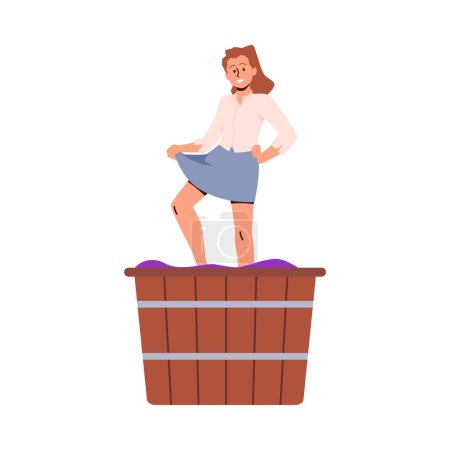 Ilustración de Vinos tradicionales. Imagen vectorial de una mujer aplastando uvas en un barril con los pies durante la fiesta de la cosecha. Ilustración plana sobre fondo aislado. - Imagen libre de derechos