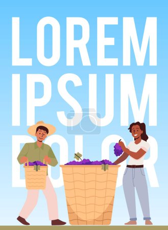 Illustration for Vector poster with an empty text space with a harvest scene: a young guy in a hat and a girl with tanned skin collect purple grapes in a large basket on a blue background - Royalty Free Image