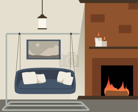 Hanging chair with pillows in cozy interior design. Comfort furniture chair swing in living room with fireplace and candles vector flat illustration. Cartoon comfy recreation bench