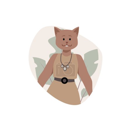 Elegante personaje antropomórfico de gato. Ilustración vectorial de un felino de moda en un traje elegante con un collar de declaración, exudando confianza.