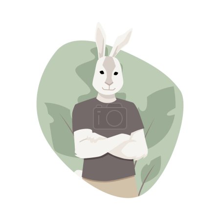 Lässiges Hasen-Charakterdesign. Vektorillustration mit einem anthropomorphen Kaninchen in entspannter Kleidung, mit verschränkten Armen und heiterem Gesichtsausdruck.