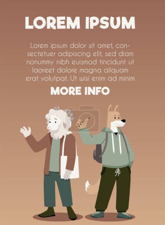 Ältere anthropomorphe Tierfreunde. Vektor-Illustration eines weisen alten Hundes mit Rucksack und eines Pudels mit Tragetasche, der ein Gespräch teilt.