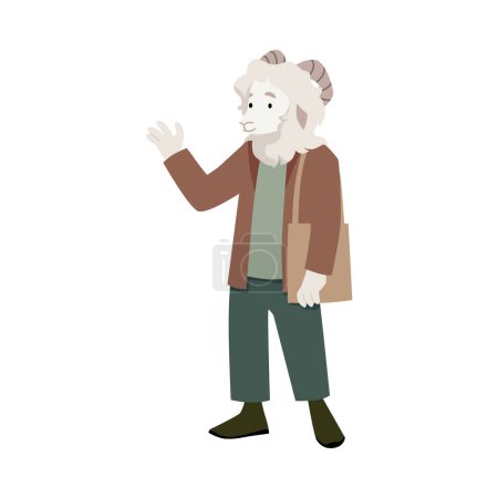 Ältere anthropomorphe Pudelfigur. Vektor-Illustration eines älteren Pudels mit einladender Geste, sportlicher Freizeitkleidung und freundlichem Auftreten.