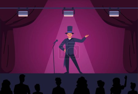 Bühnenauftritt. Der Schauspieler, der Smoking und Zylinder trägt, ist mit einem Mikrofon unter Scheinwerfern zu sehen. Vector-Konzertszene mit Publikumssilhouetten.