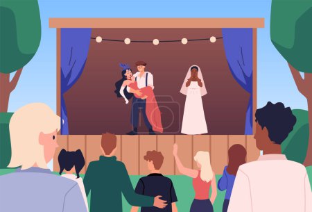 Outdoor theater performance. Vector illustration of actors on stage in costume with an engaged audience enjoying the live play under the evening lights.