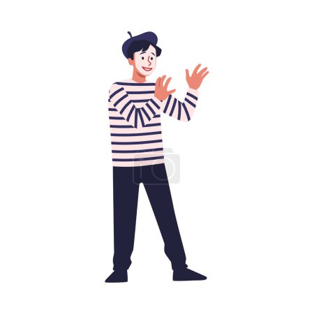 Mime artist performing. Vector illustration of a cheerful mime in a striped shirt and beret, gesturing in the midst of a silent act.