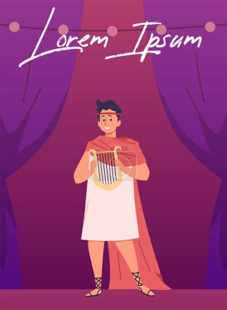 Ancient Greek actor with lyre. Vector illustration of a performer in traditional Greek attire, holding a lyre on a theatrical stage with a dramatic purple backdrop.