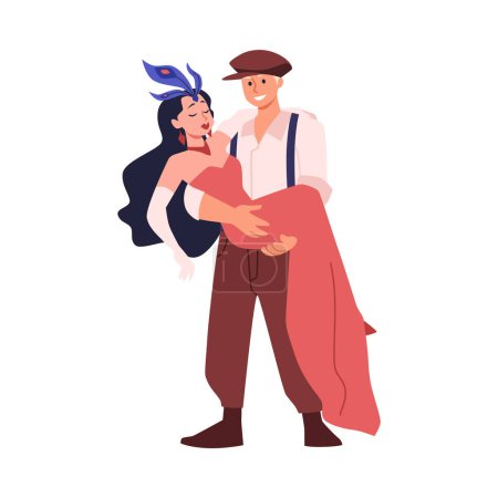 Illustration for Theatrical dance performance. Vector illustration of a smiling male and female dancer in vintage costumes, engaged in a joyful dance routine on stage. - Royalty Free Image
