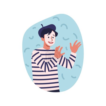 Mime theater artist vector flat illustration. Cartoon male actor with white face makeup, French artist comedian show theatrical grimace. Silent performer acting, comedy, pantomimes