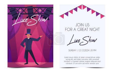 Live theater show flyer. Vector illustration of a confident stage performer in a top hat and tailcoat, with vibrant lights and event details for a captivating night of entertainment.