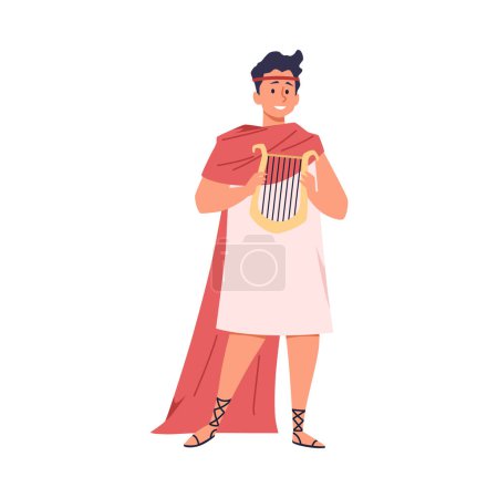 Griechischer Theaterspieler im Kostüm. Vektor-Illustration eines fröhlichen Schauspielers, der einen Musiker in altgriechischer Kleidung darstellt, komplett mit einer traditionellen Leier und einem Kleid im Stil der Epoche.