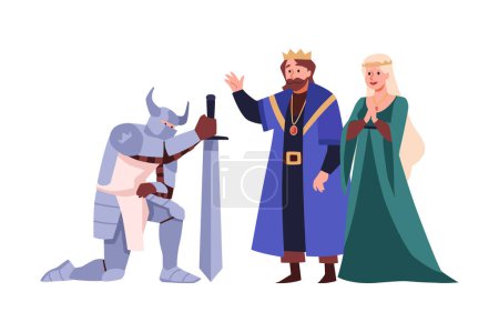 Illustration for Theatre actors playing knight in armor with a sword on his knees in front of king and queen vector flat illustration. Theater performance medieval kingdom isolated on white background - Royalty Free Image