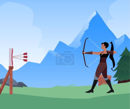 Arquero experto en acción. Ilustración vectorial de una mujer guerrera enfocada con un arco y flecha dibujados, apuntando a objetivos en un terreno montañoso.