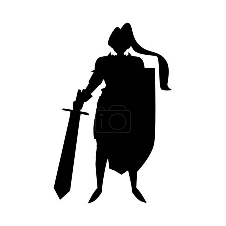 Armored beautiful woman medieval knight with huge heavy sword and shield black silhouette vector illustration. Cartoon female warrior with long hair. Ancient soldier character isolated on white