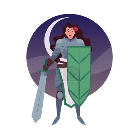 Armored beautiful woman medieval knight with huge heavy sword and shield vector illustration. Cartoon female warrior in armor, flower in hair. Ancient soldier character isolated on circle with moon