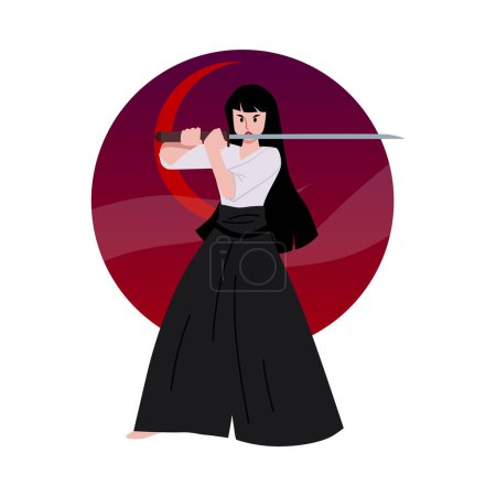 Kampfsportler in Kampfpose. Vektor-Illustration einer entschlossenen Frau in traditioneller Kendo-Kleidung, die vor dynamischem Hintergrund ein Bambusschwert mit intensivem Fokus und Geschick schwingt.