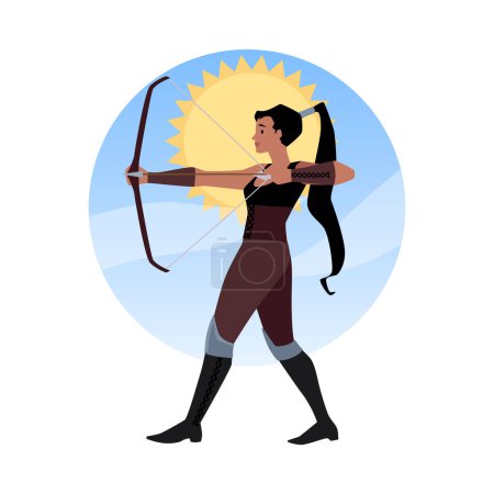 Dominio del tiro con arco bajo el sol. Ilustración vectorial de un arquero equilibrado con atuendo medieval, dibujando su cuerda de arco con precisión y gracia contra un fondo soleado.