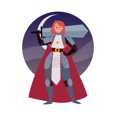 Illustration for Armored beautiful woman medieval knight with huge heavy sword vector illustration. Cartoon warrior woman in armor and red cape. Ancient soldier female character isolated on circle with moon - Royalty Free Image