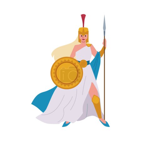 Valide Kriegerin in königlicher Rüstung. Vektor-Illustration einer edlen Kriegerin mit goldenem Schild und Speer, geschmückt mit Helm und Umhang, die Tapferkeit und Noblesse ausstrahlt.