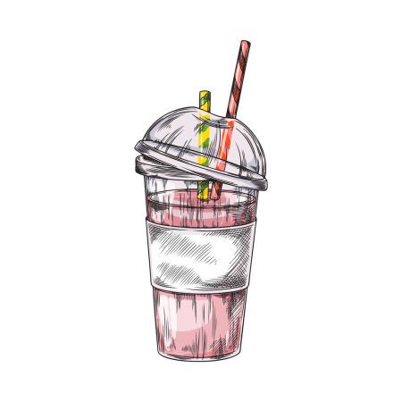 Batido rosa refrescante en una taza transparente con tapa de cúpula y pajitas rayadas. Ilustración vectorial de una bebida deliciosa para menús y anuncios.
