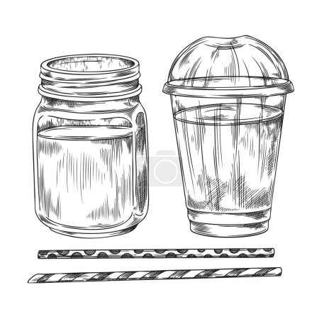 Skizzierte Vektorillustration mit einem Einmachglas und einem Plastikbecher mit Deckel, begleitet von zwei Strohhalmen, ideal für trinkbezogene Designs.