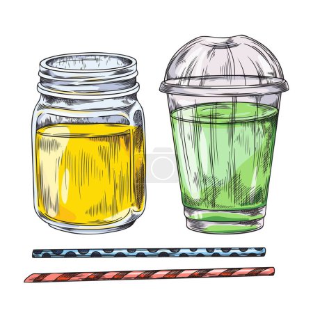 Smoothies jaunes et verts vibrants dans un bocal maçon et une tasse avec couvercles, avec des pailles à motifs, dans une illustration vectorielle idéale pour les thèmes de santé et de nutrition.