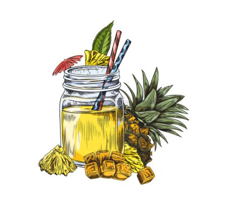 Smoothie d'ananas tropicaux dans une illustration vectorielle en pot de maçon, avec un ananas entier et des tranches, accompagné de pailles vibrantes et de feuilles de menthe.