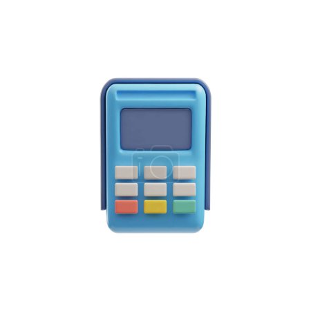 3D Taschenrechner Illustration. Vektorkonzept mit blauen Knöpfen, Display und Kunststoff auf weißem Hintergrund, ideal für Finanzen, Steuern und Bildung.