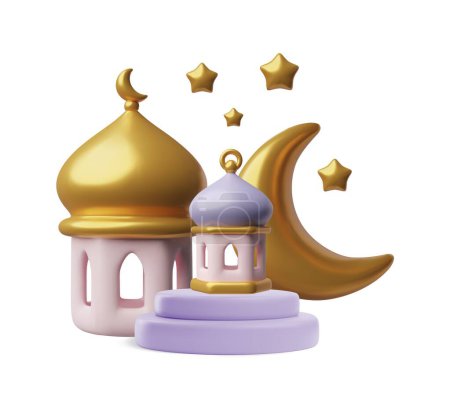 Illustration for A 3D icon vector illustration featuring elements of Ramadan with a mosque, crescent moon, and stars, symbolizing the holy month. - Royalty Free Image