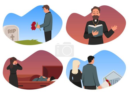 Funeral cemetery ceremony vector illustrations set. Grave with mourning people in black clothes, coffin with dead person, priest makes a speech. Burial service