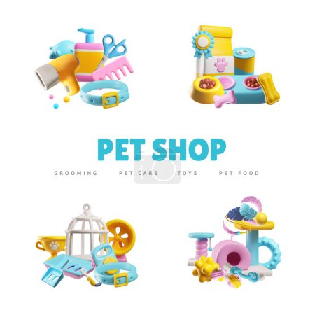 Vektor-Poster mit Elementen einer 3D-Zoohandlung und Pflege, alles für die Haustierpflege: Katzentoilette, Hundeleine, Vogelkäfig, Hamsterlaufband sowie Futter und Spielzeug