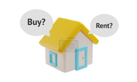 Téléchargez les illustrations : Icône vectorielle 3D montrant une petite maison avec un toit jaune, des fenêtres, une porte et des bulles vocales, pour les concepts de location ou de vente dans l'immobilier sur fond blanc - en licence libre de droit