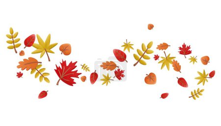 Autumn collection. Vector 3d images of fallen leaves flying in the wind in orange and yellow tones, illustrations of natural leaves of mountain ash, oak, maple