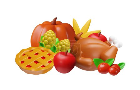 Traditional holiday of Thanksgiving. The 3D vector illustration features roast turkey, pumpkin, apple pie and corn. Sticker in cartoon style for holiday design on isolated background.