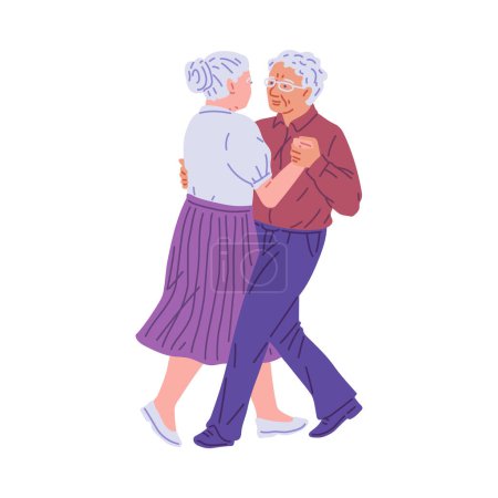 Tanzendes älteres Paar. Flache Vektorillustration, die fröhliche ältere Menschen zeigt, die Tanz genießen und Liebe und Muße in ihren goldenen Jahren ausdrücken. Flacher Stil auf isoliertem Hintergrund.