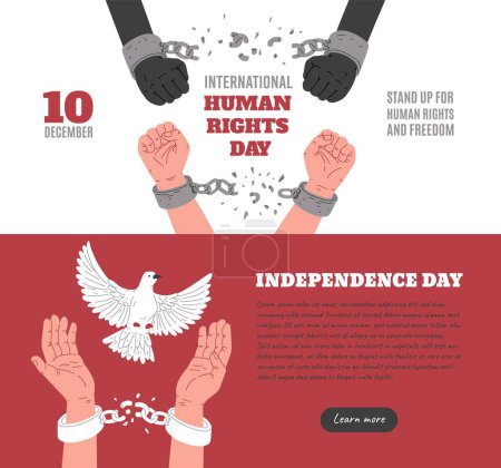 Ilustración de Una colección de carteles horizontales vectoriales para el Día Internacional de los Derechos Humanos, con una paloma de paz y las manos apretadas en los puños rompiendo esposas, encarnando el concepto de libertad - Imagen libre de derechos