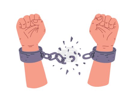 Illustration for Vector illustration of strong hands clenched into fists, tearing the restraining handcuffs. Broken chains emphasize the concept of the struggle for freedom and the desire for emancipation. - Royalty Free Image