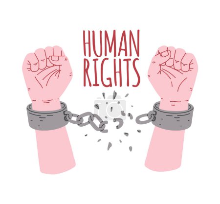 Kraftvolle Vektor-Illustration geballter Fäuste, die sich von Ketten befreien, mit der plakativen Botschaft "Keine Erklärung", die für Menschenrechte eintritt.