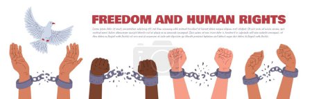 Illustration for Vector horizontal poster with a dove of peace and hands clenched into fists breaking the restraining handcuffs. Broken chains emphasize the concept of freedom. - Royalty Free Image