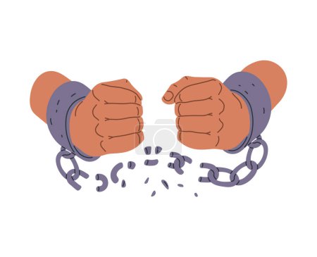 Cartoon hands in fists breaking the chain of shackle cuffs vector flat illustration. Hands with broken shackles. Freedom, rescue, liberation, fight, rebellion, protest concept
