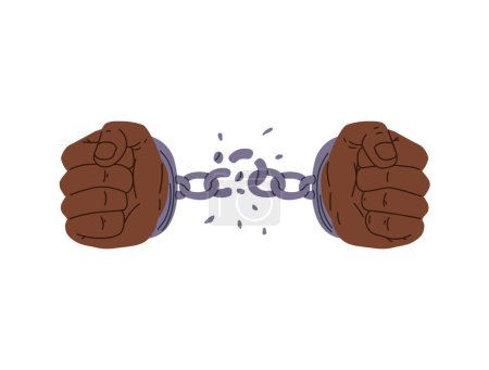 Illustration for Vector illustration of strong hands clenched into fists breaking the restraining handcuffs. Broken chains emphasize the concept of liberation and the pursuit of emancipation against. - Royalty Free Image