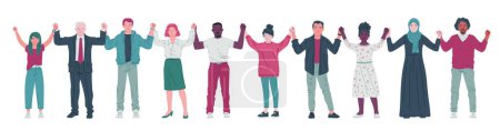 Vector illustration depicting a group of people of different gender, race and faith holding hands. Flat characters on isolated background convey the essence of equality and rights of people.