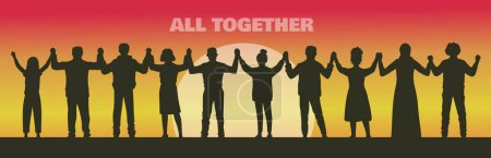 Illustration for Silhouetted people holding hands against a sunset. Unity and togetherness concept vector illustration. - Royalty Free Image