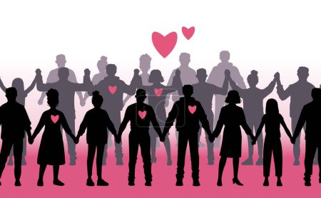 Eine Menschenkette mit Herzen, die Liebe und Einheit in einer Vektorillustration zeigt.