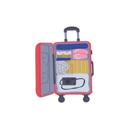Offener Reisekoffer mit organisiertem Gepäck, perfekt für Abenteuer. Vektor-Illustrationsset.