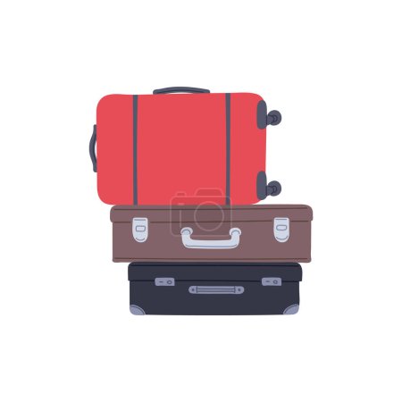 Téléchargez les illustrations : Un ensemble d'insignes de voyage réalisés dans un style plat. Une valise sur roues, une valise vintage avec une poignée sont couchés les uns sur les autres. Concept vectoriel de bagages de loisirs. - en licence libre de droit